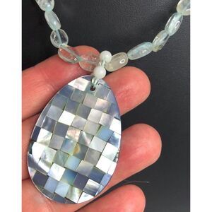 1702 Sterling silver 925 Clear topaz & Abalone teardrop pendant Necklace 18"